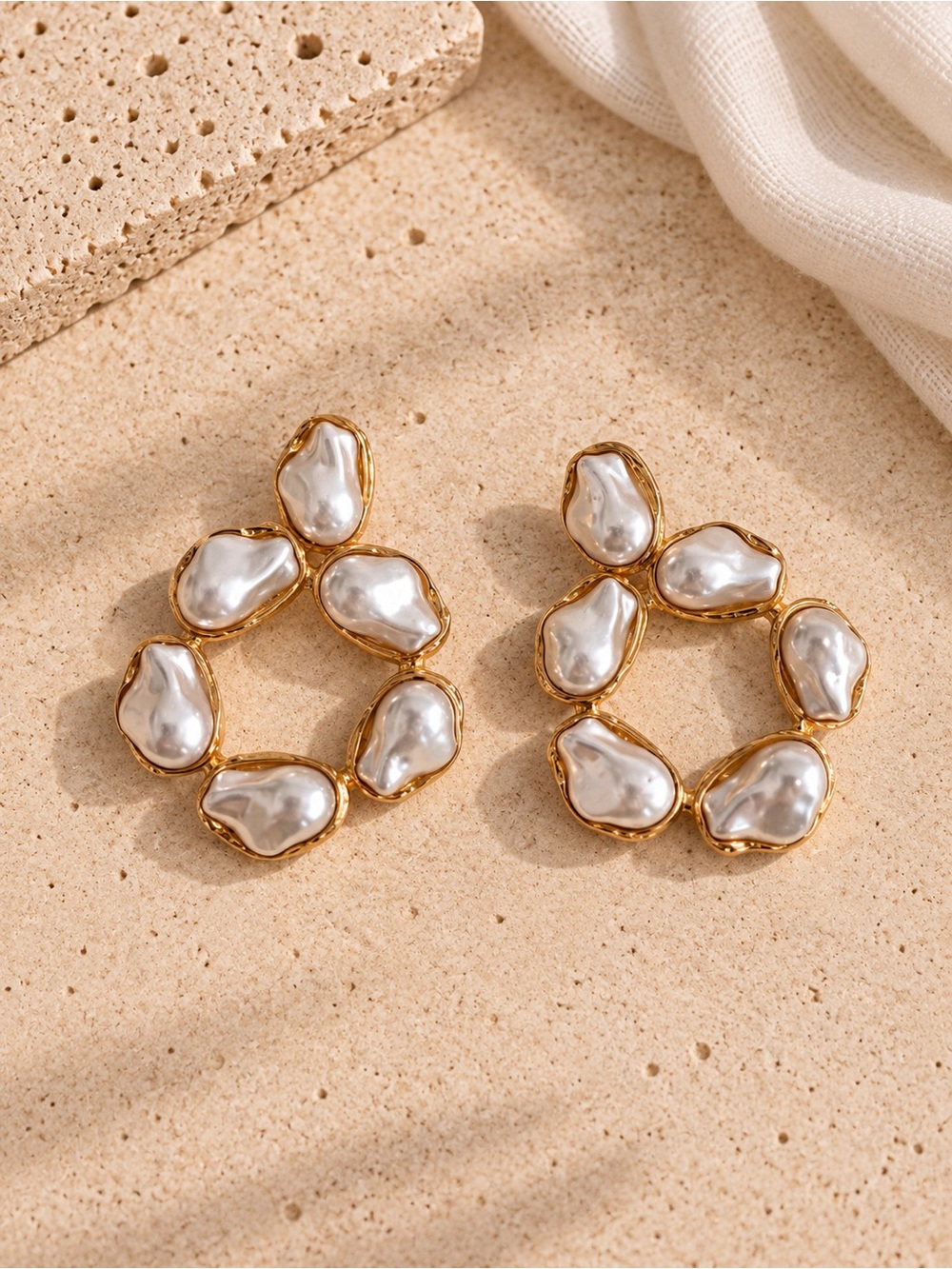 Gold Hoop Earrings with Irregular White Pearls